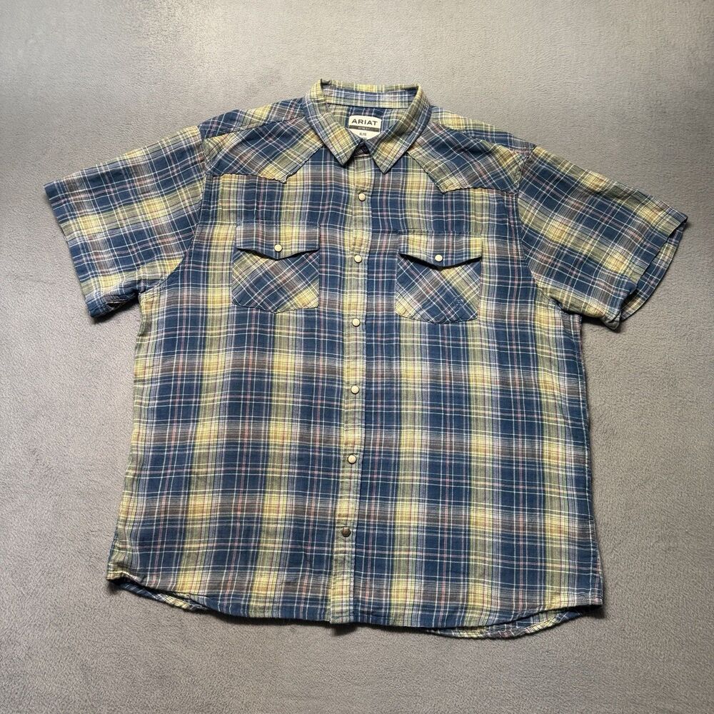 Ariat Retro Fit Mens XL Western Shirt Multicolor Plaid Pearl Snap Short Sleeve